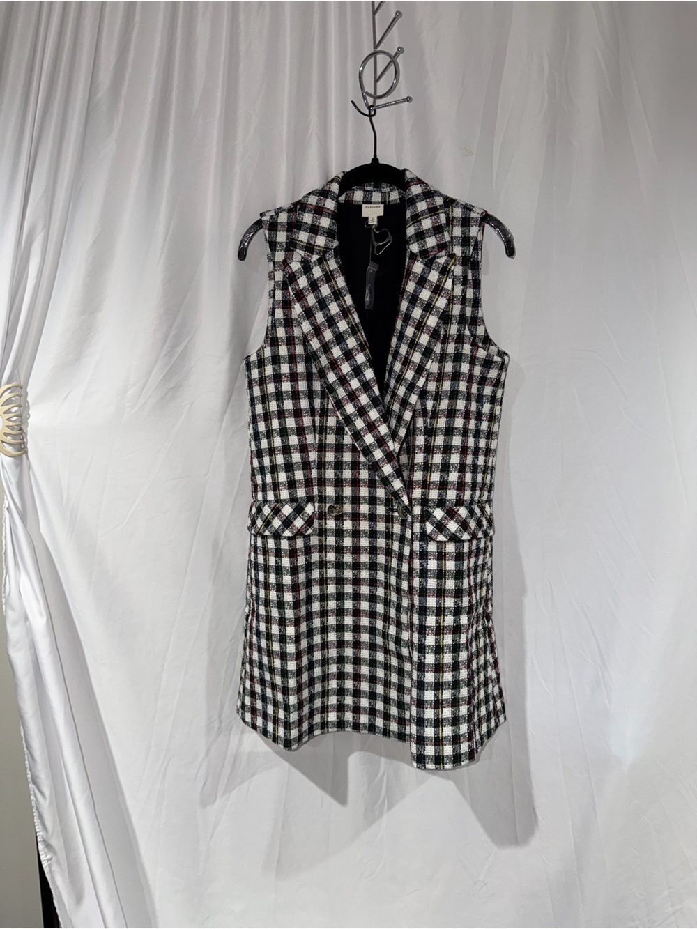 Pleione Vest Black White Multi Plaid Sleeveless Blazer Long Line Wool Blend S